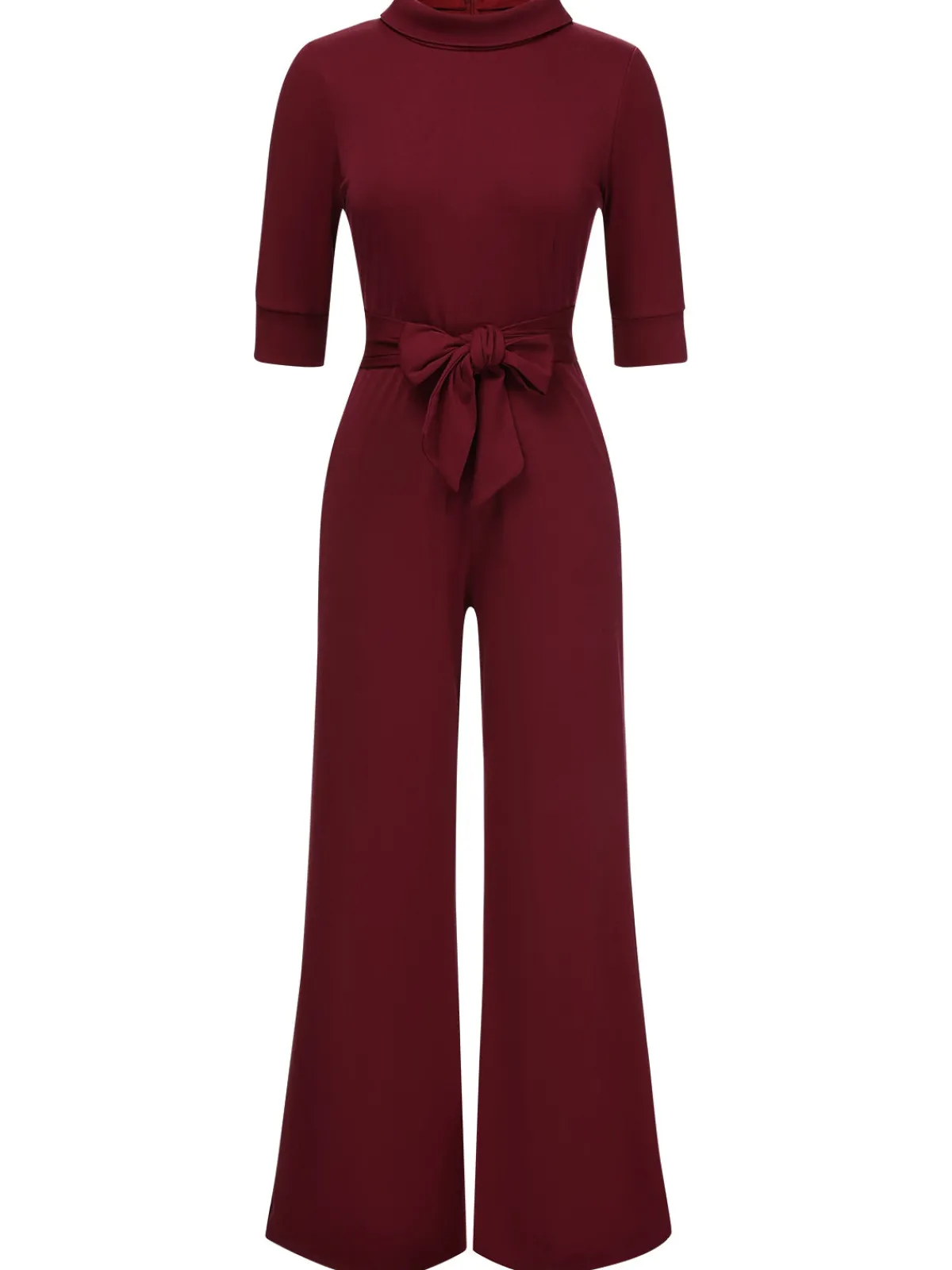 Best Retro Stage 1930s Solid Rolled Collar Belted Jumpsuit
