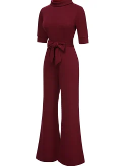 Best Retro Stage 1930s Solid Rolled Collar Belted Jumpsuit