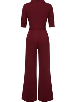 Best Retro Stage 1930s Solid Rolled Collar Belted Jumpsuit