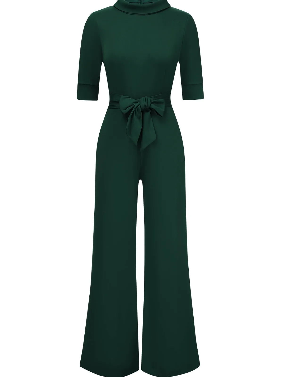 Best Retro Stage 1930s Solid Rolled Collar Belted Jumpsuit