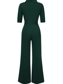 Best Retro Stage 1930s Solid Rolled Collar Belted Jumpsuit