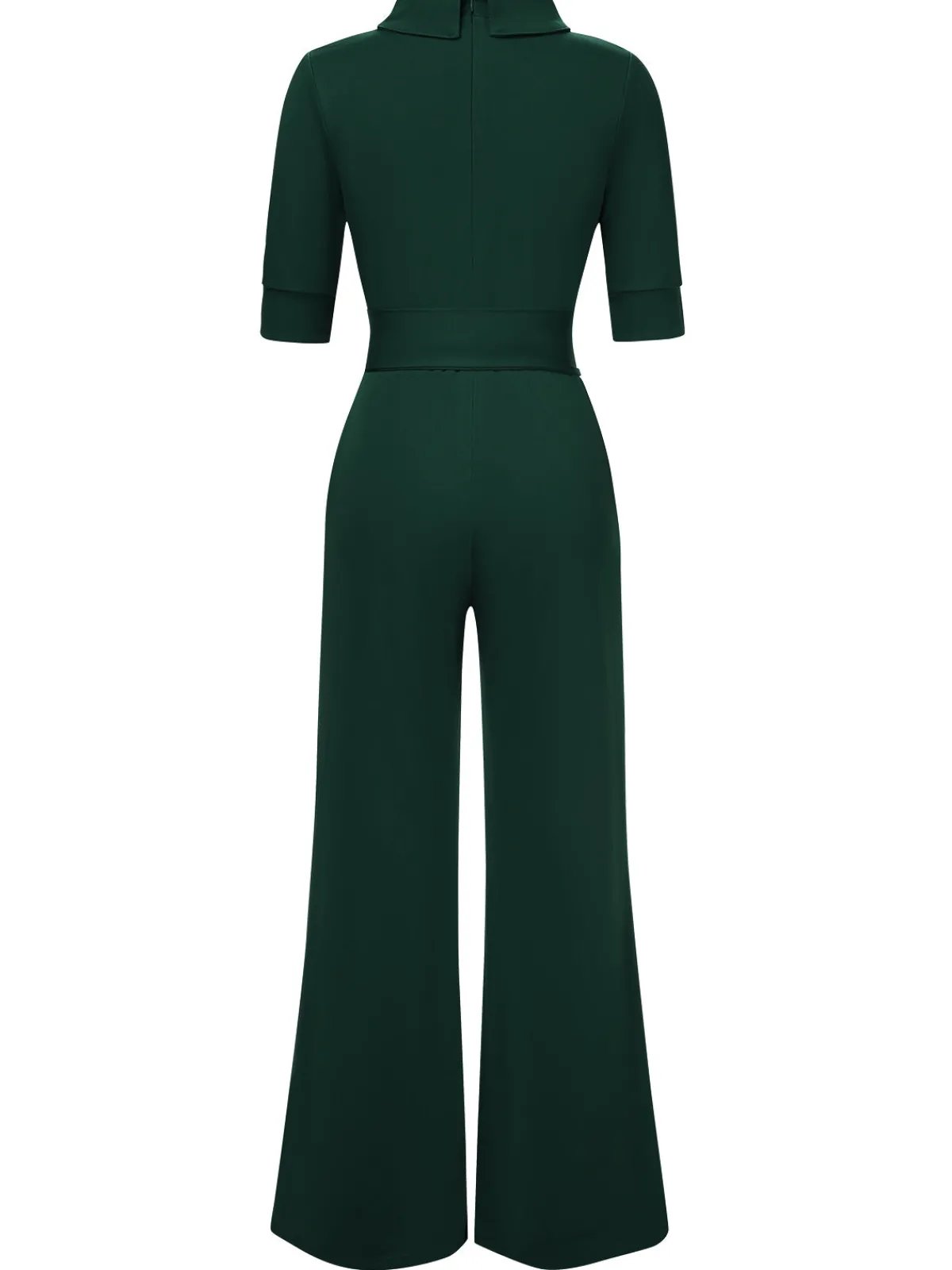 Best Retro Stage 1930s Solid Rolled Collar Belted Jumpsuit