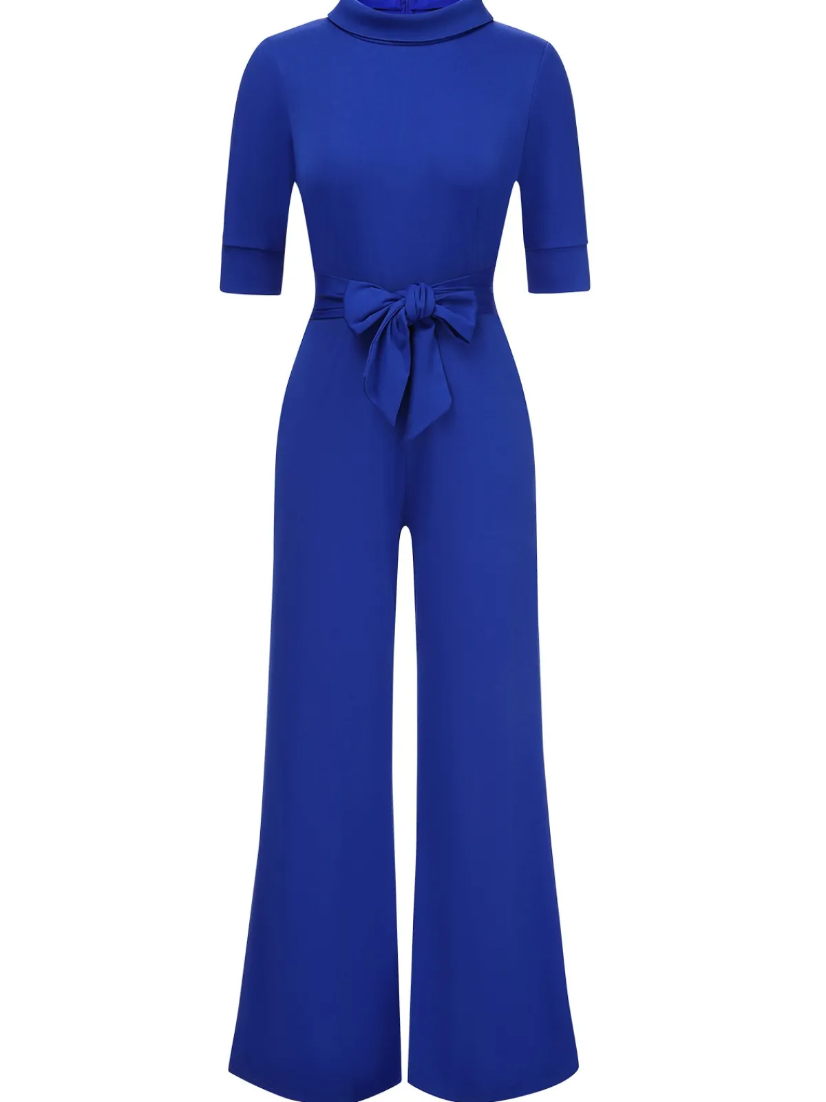 Best Retro Stage 1930s Solid Rolled Collar Belted Jumpsuit