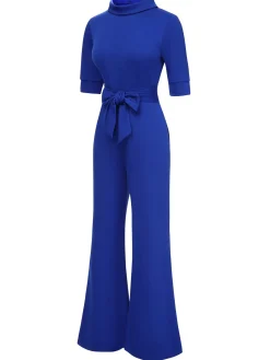 Best Retro Stage 1930s Solid Rolled Collar Belted Jumpsuit