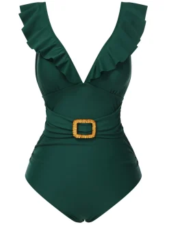 Fashion Retro Stage 1940s Solid Ruffle Collar Lace-Up Swimsuit