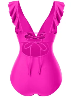 Fashion Retro Stage 1940s Solid Ruffle Collar Lace-Up Swimsuit