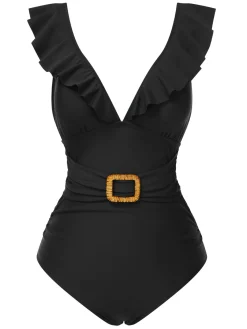 Fashion Retro Stage 1940s Solid Ruffle Collar Lace-Up Swimsuit