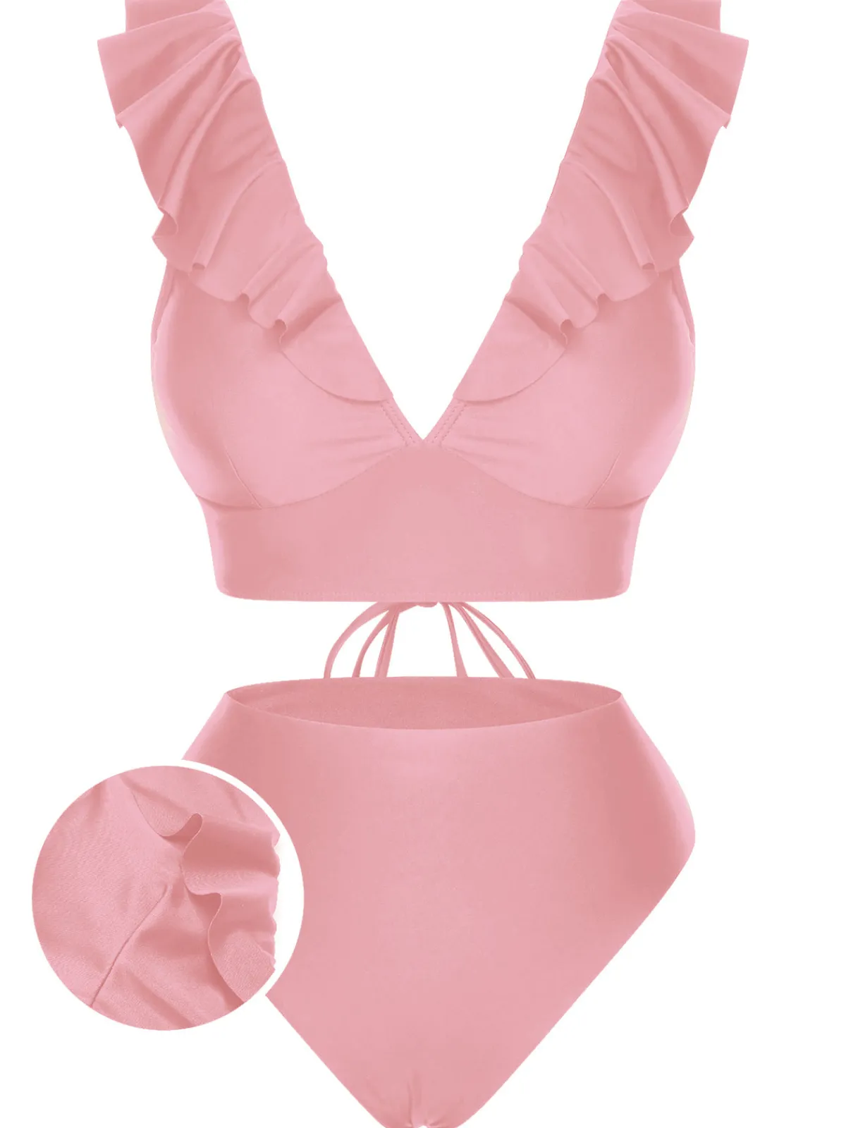 Hot Retro Stage 1950s Solid Ruffle Lace-Up V-Neck Swimsuit