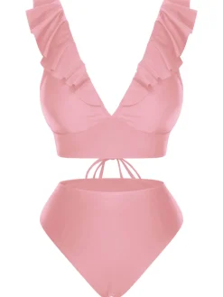 Hot Retro Stage 1950s Solid Ruffle Lace-Up V-Neck Swimsuit