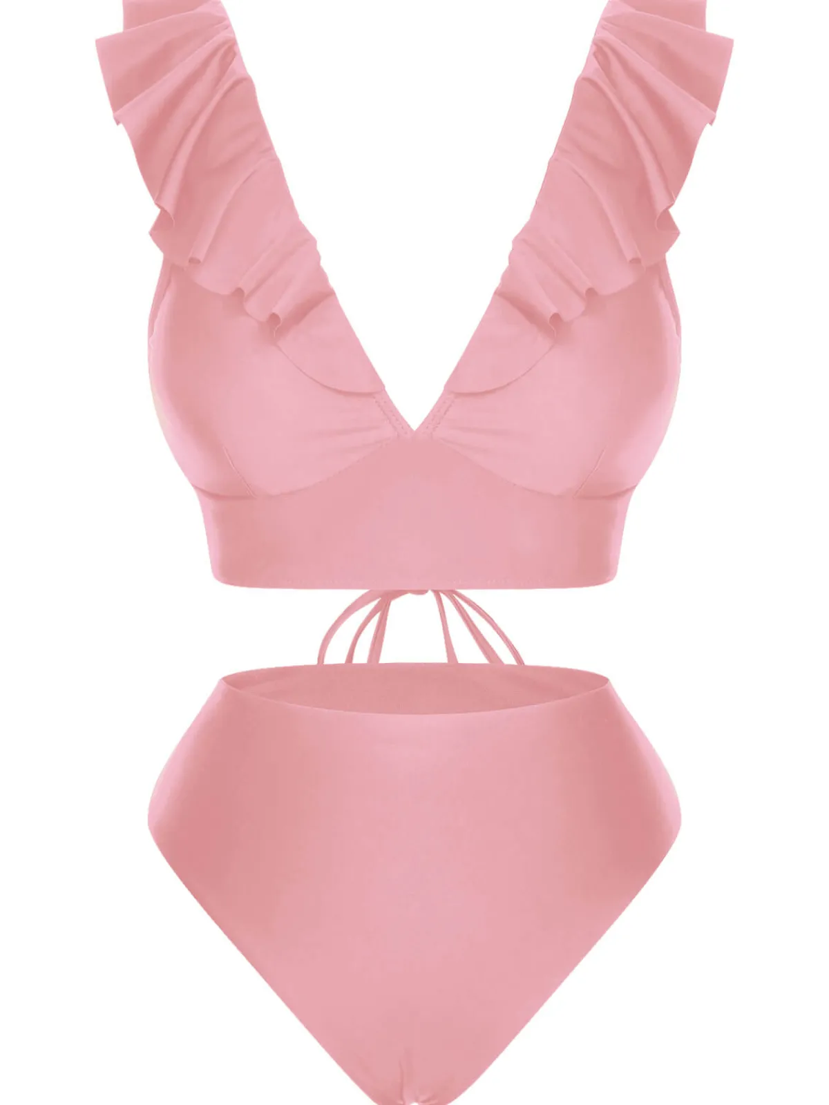 Hot Retro Stage 1950s Solid Ruffle Lace-Up V-Neck Swimsuit