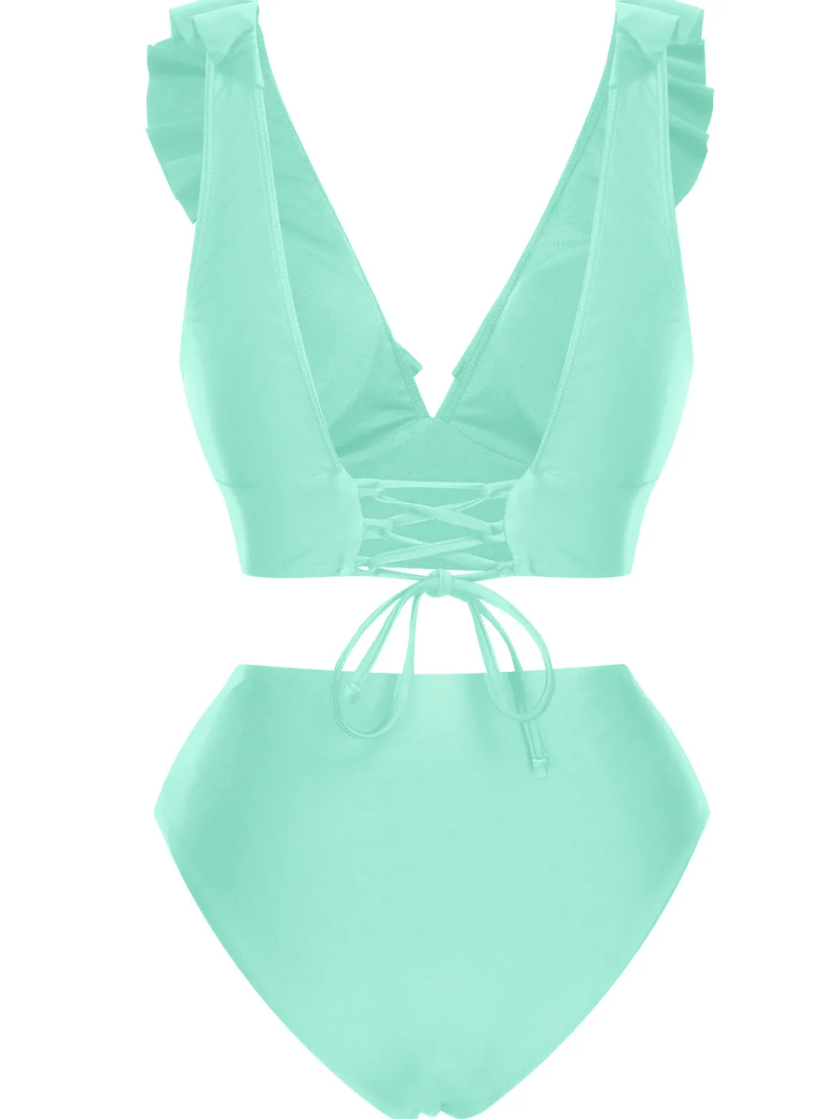 Hot Retro Stage 1950s Solid Ruffle Lace-Up V-Neck Swimsuit