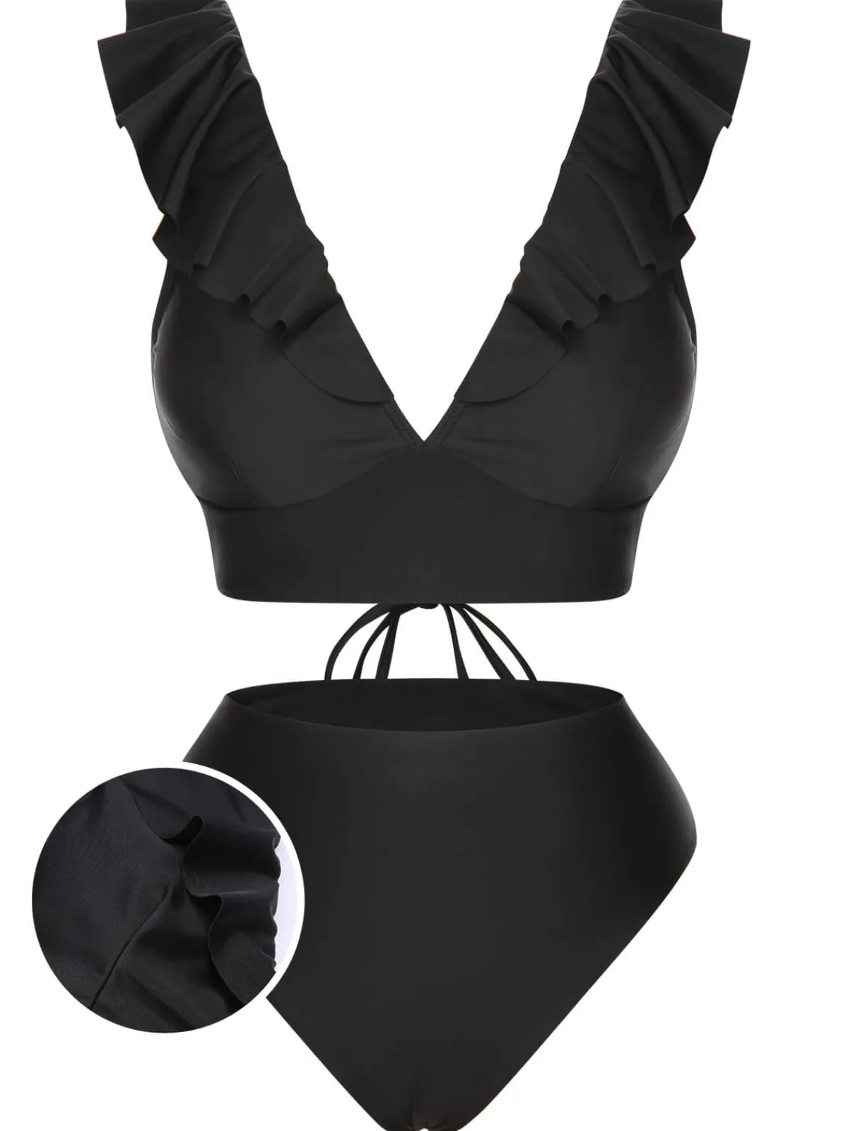 Hot Retro Stage 1950s Solid Ruffle Lace-Up V-Neck Swimsuit