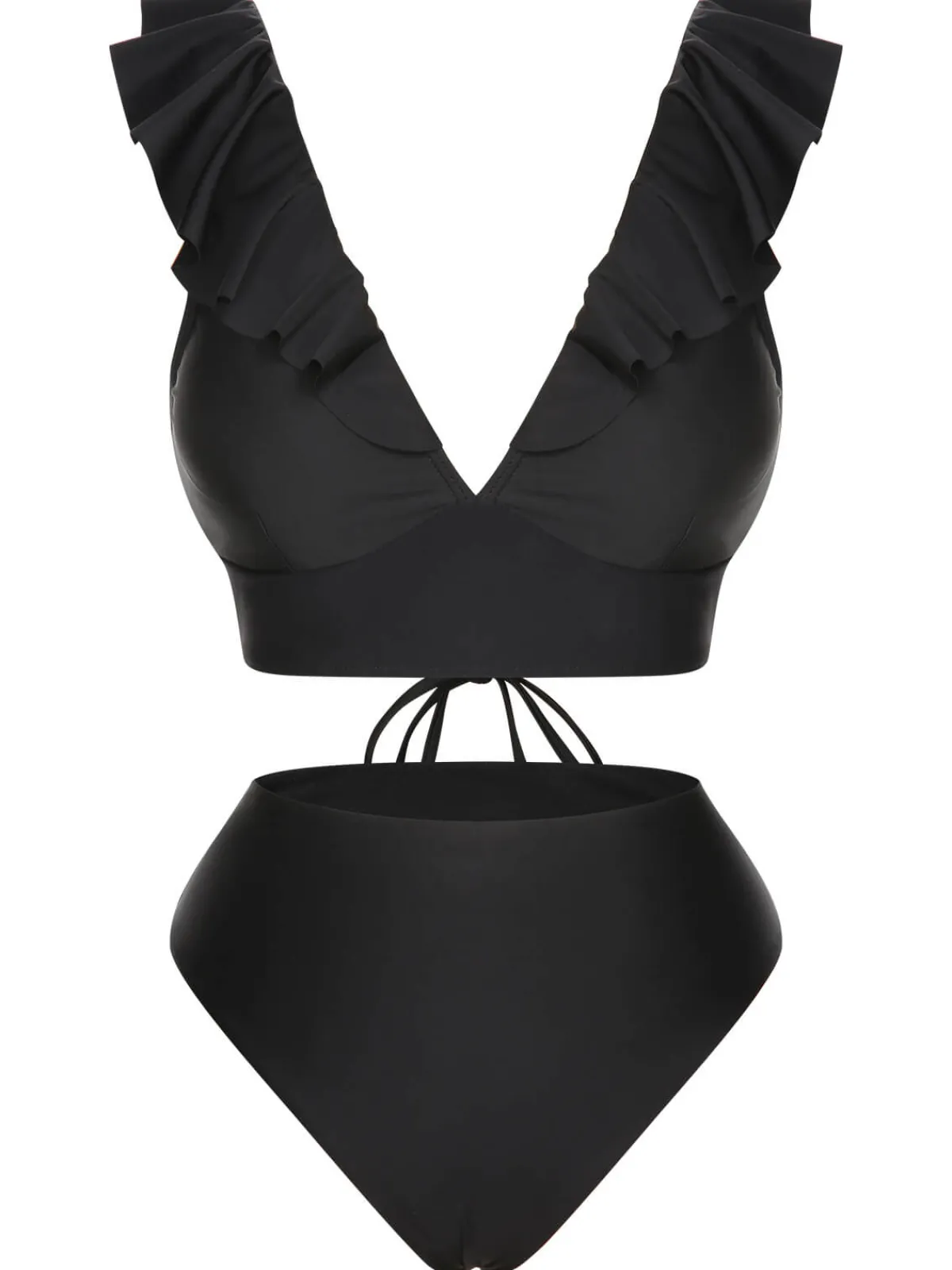 Hot Retro Stage 1950s Solid Ruffle Lace-Up V-Neck Swimsuit