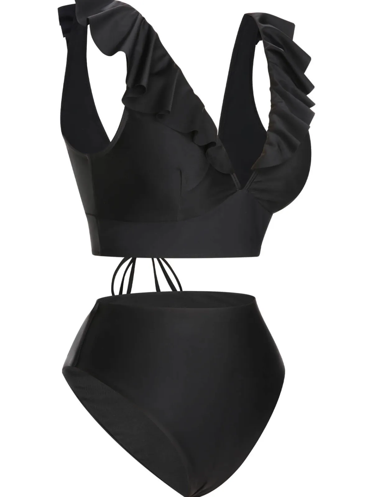 Hot Retro Stage 1950s Solid Ruffle Lace-Up V-Neck Swimsuit