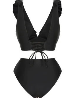 Hot Retro Stage 1950s Solid Ruffle Lace-Up V-Neck Swimsuit