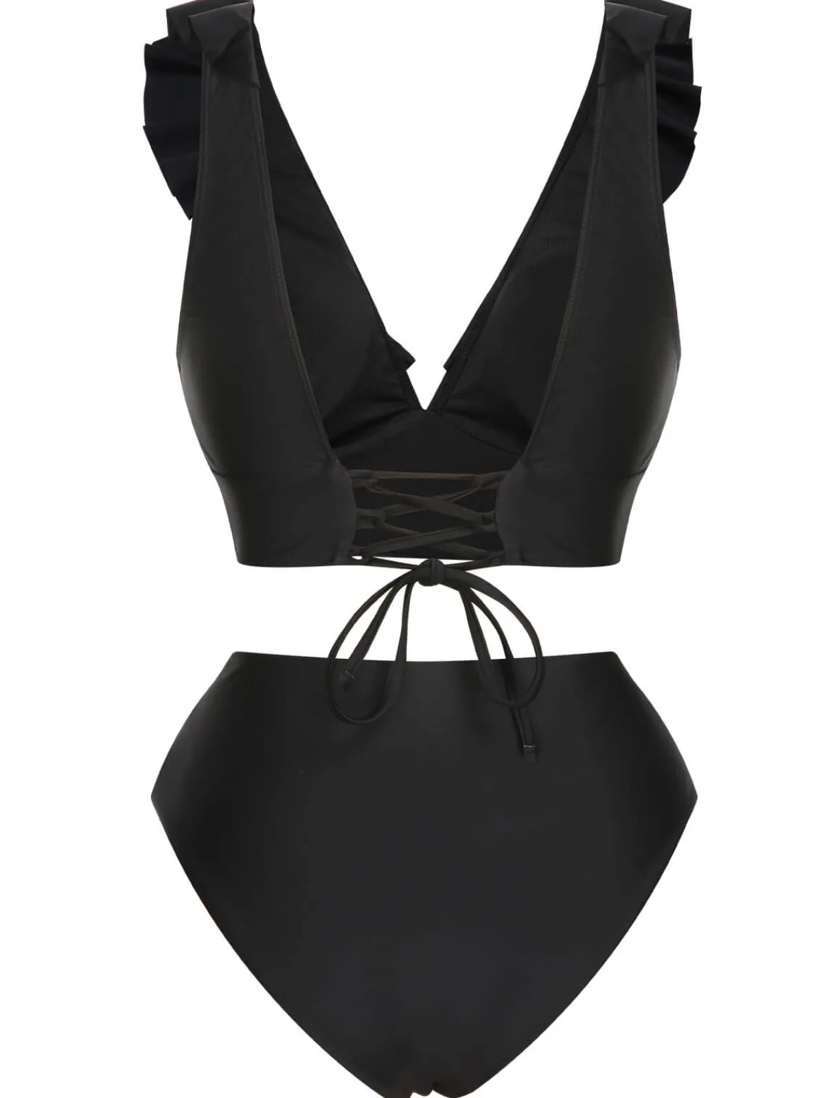 Hot Retro Stage 1950s Solid Ruffle Lace-Up V-Neck Swimsuit