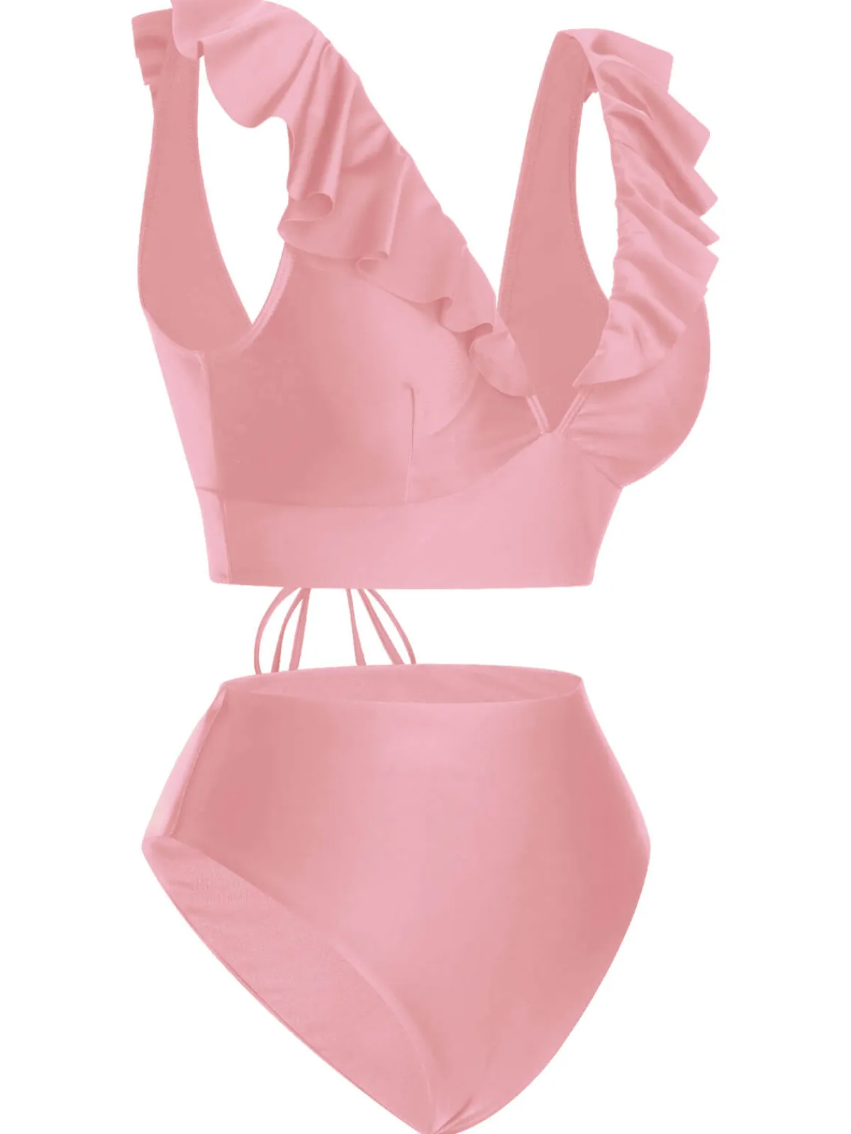 Hot Retro Stage 1950s Solid Ruffle Lace-Up V-Neck Swimsuit
