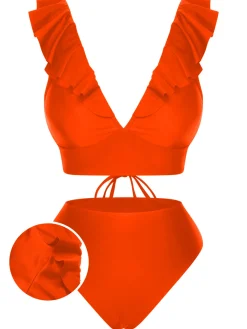 Hot Retro Stage 1950s Solid Ruffle Lace-Up V-Neck Swimsuit