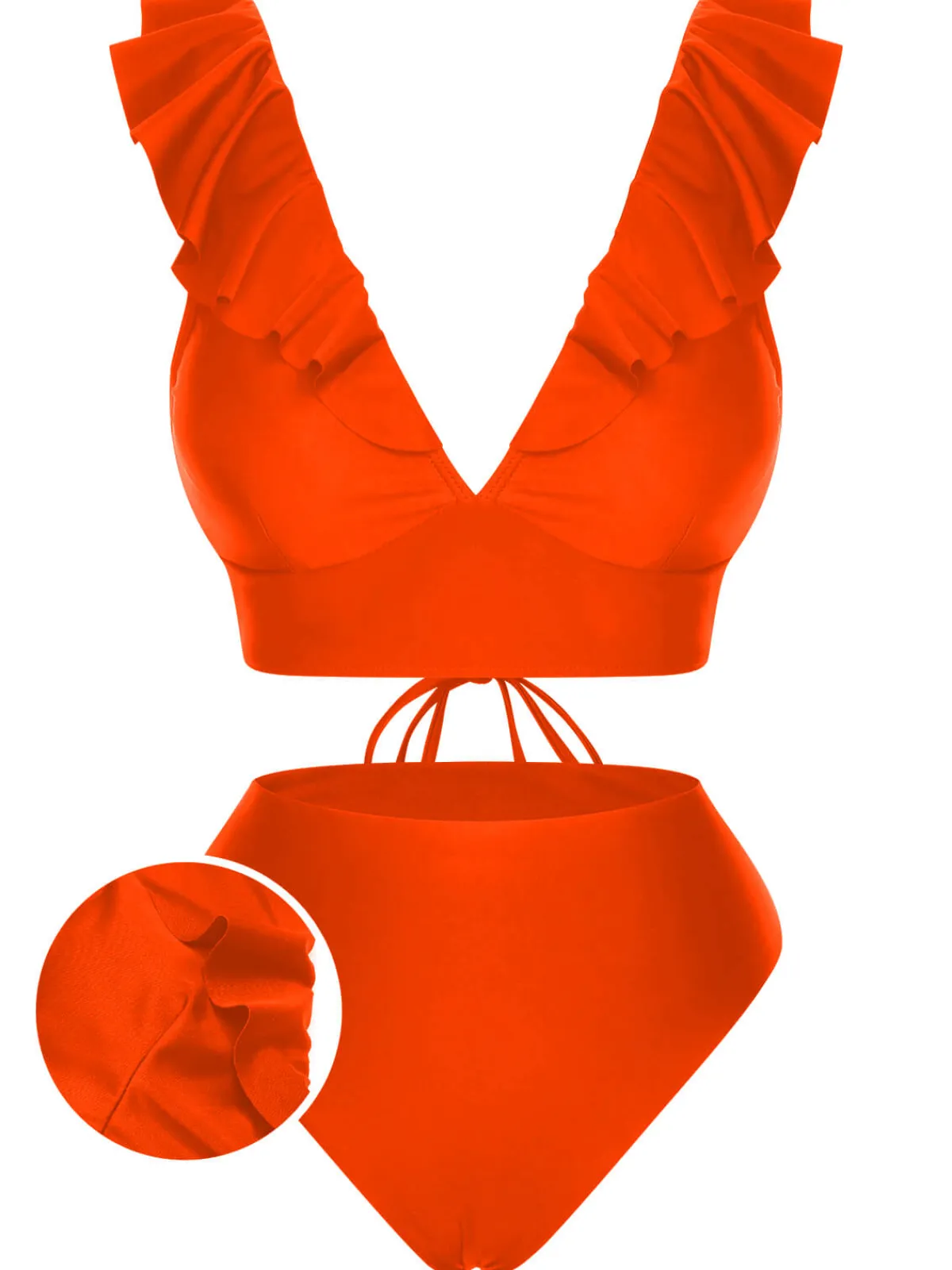 Hot Retro Stage 1950s Solid Ruffle Lace-Up V-Neck Swimsuit