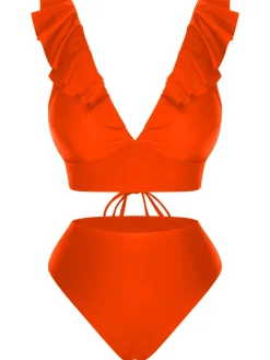 Hot Retro Stage 1950s Solid Ruffle Lace-Up V-Neck Swimsuit