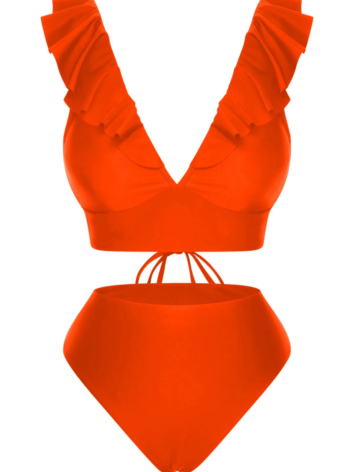 Hot Retro Stage 1950s Solid Ruffle Lace-Up V-Neck Swimsuit