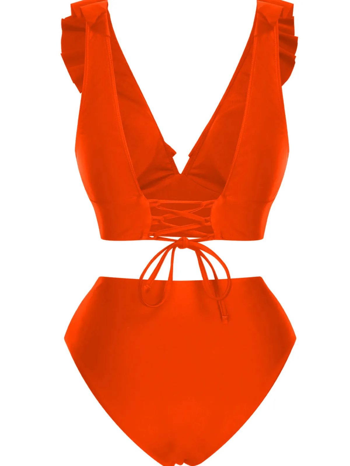 Hot Retro Stage 1950s Solid Ruffle Lace-Up V-Neck Swimsuit