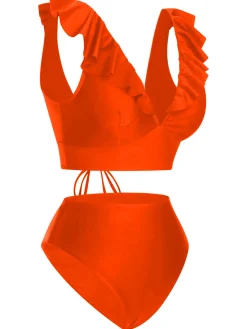 Hot Retro Stage 1950s Solid Ruffle Lace-Up V-Neck Swimsuit