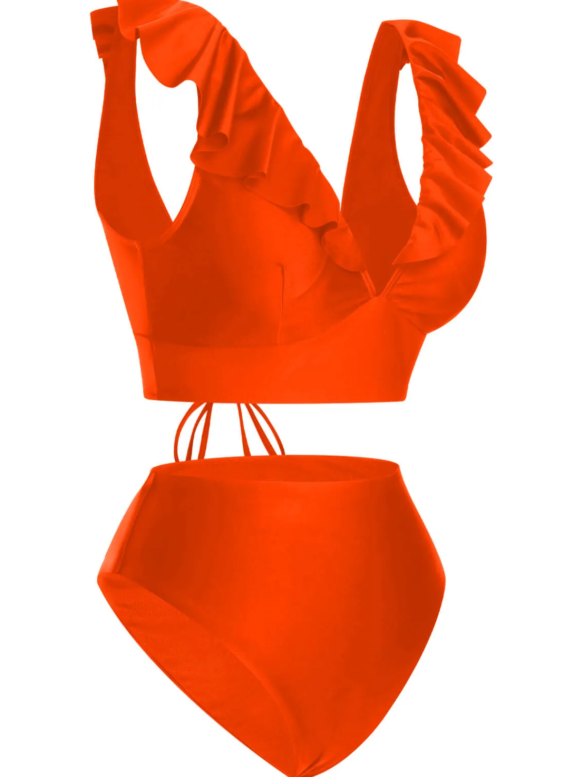 Hot Retro Stage 1950s Solid Ruffle Lace-Up V-Neck Swimsuit