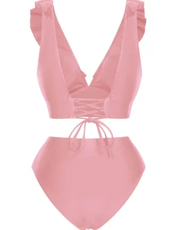 Hot Retro Stage 1950s Solid Ruffle Lace-Up V-Neck Swimsuit