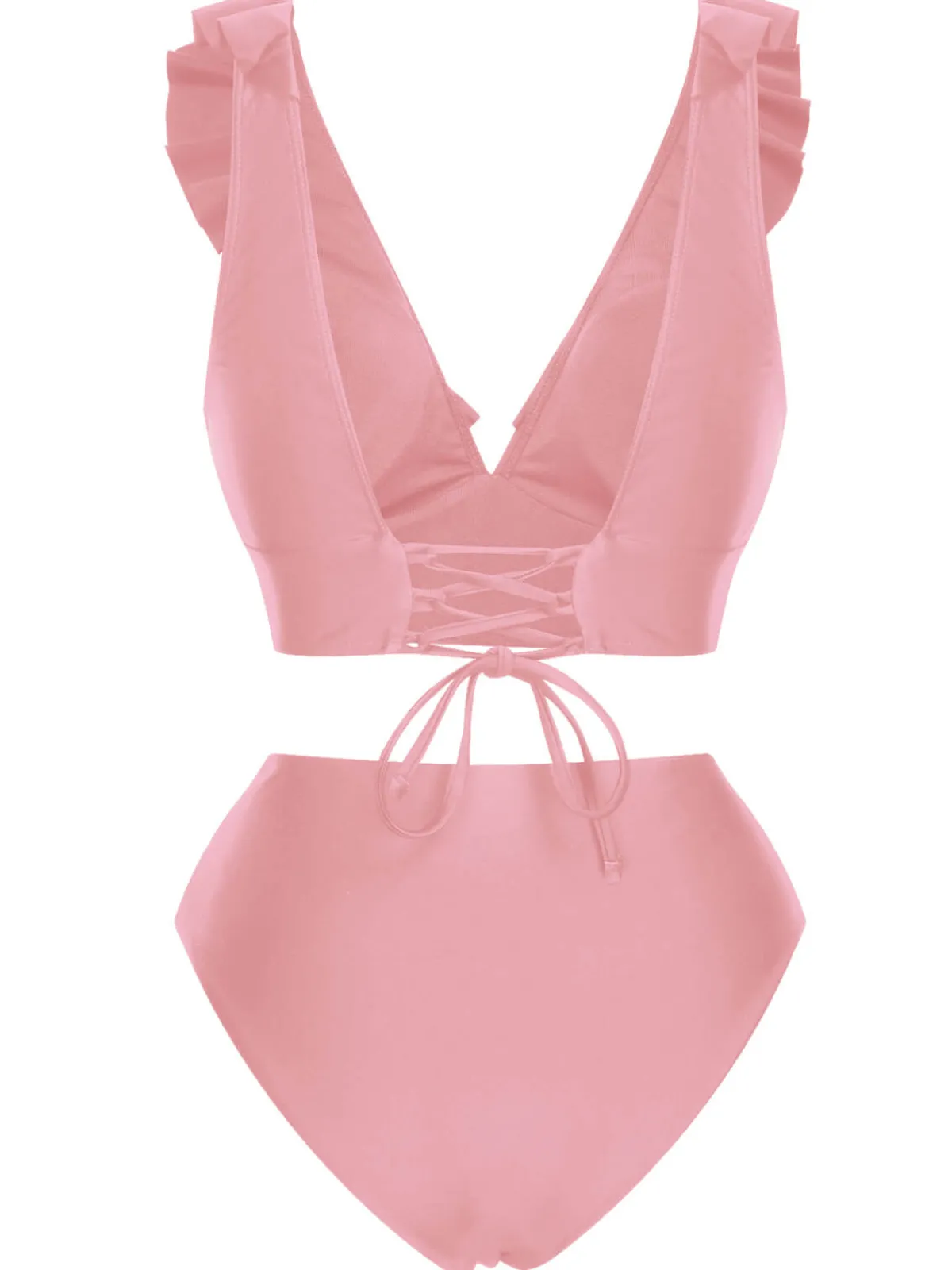 Hot Retro Stage 1950s Solid Ruffle Lace-Up V-Neck Swimsuit