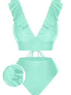 Hot Retro Stage 1950s Solid Ruffle Lace-Up V-Neck Swimsuit