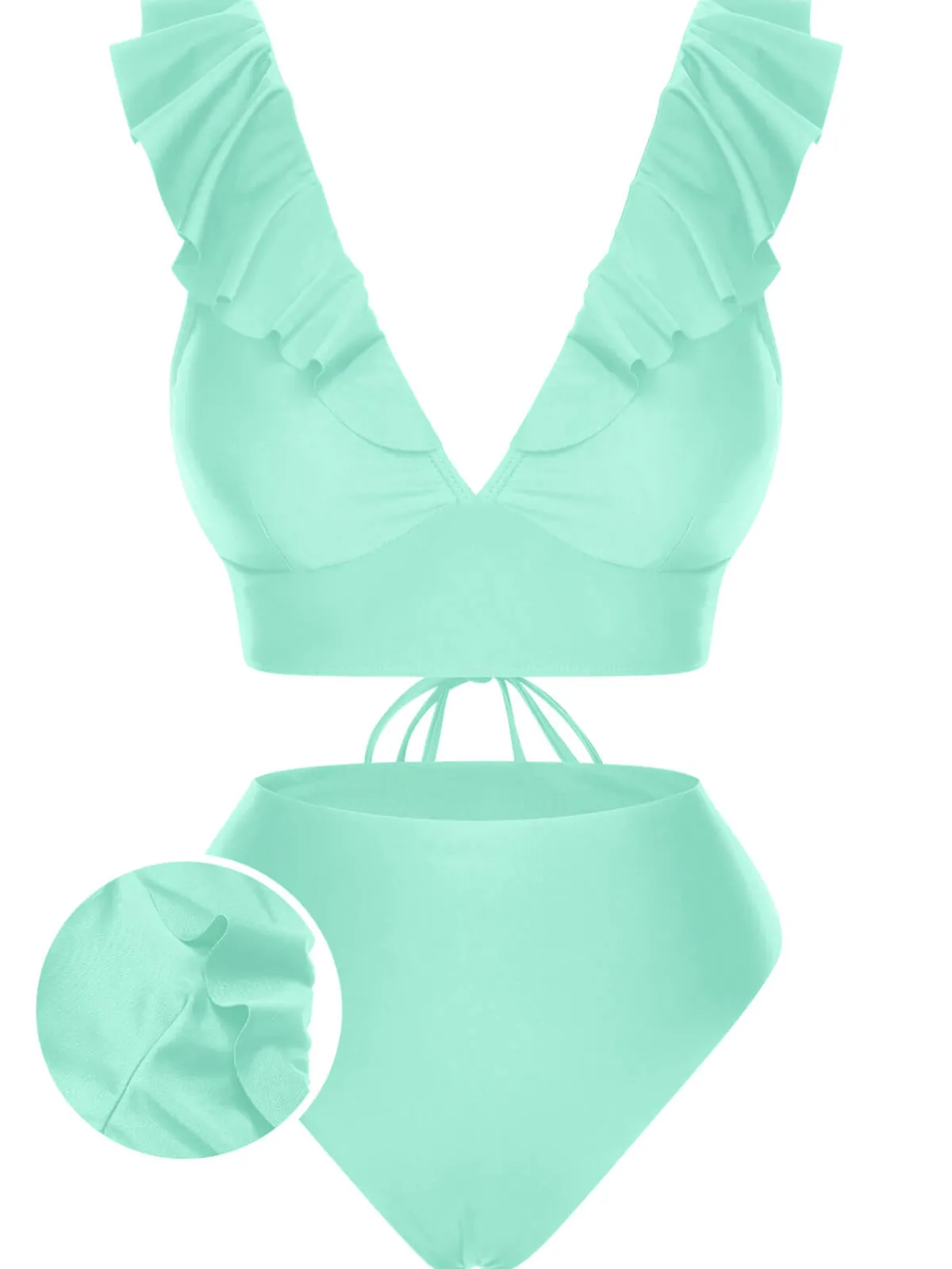 Hot Retro Stage 1950s Solid Ruffle Lace-Up V-Neck Swimsuit