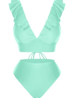 Hot Retro Stage 1950s Solid Ruffle Lace-Up V-Neck Swimsuit