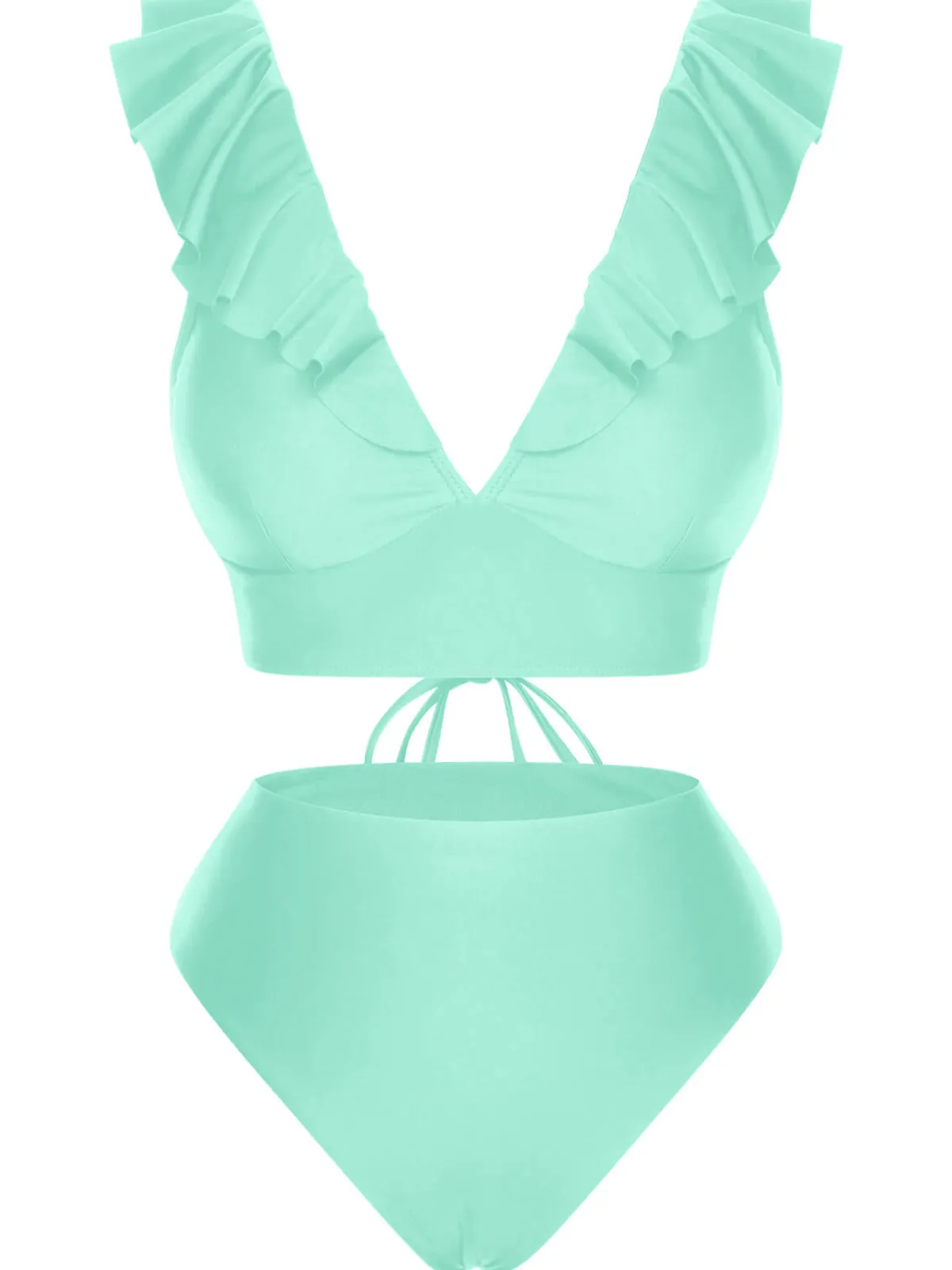 Hot Retro Stage 1950s Solid Ruffle Lace-Up V-Neck Swimsuit