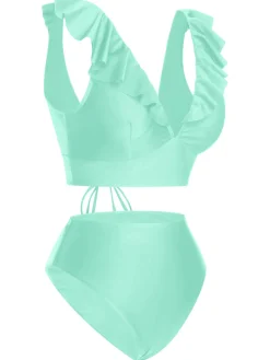 Hot Retro Stage 1950s Solid Ruffle Lace-Up V-Neck Swimsuit
