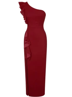 Sale Retro Stage 1930s Solid Ruffle One-Shoulder Slit Dress