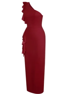 Sale Retro Stage 1930s Solid Ruffle One-Shoulder Slit Dress