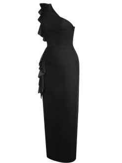 Sale Retro Stage 1930s Solid Ruffle One-Shoulder Slit Dress