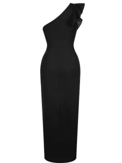 Sale Retro Stage 1930s Solid Ruffle One-Shoulder Slit Dress