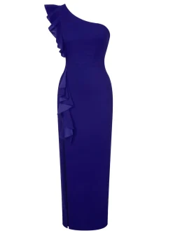 Sale Retro Stage 1930s Solid Ruffle One-Shoulder Slit Dress