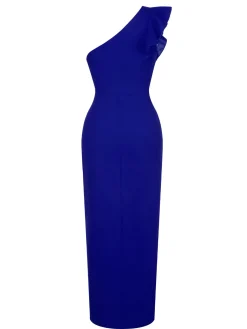 Sale Retro Stage 1930s Solid Ruffle One-Shoulder Slit Dress