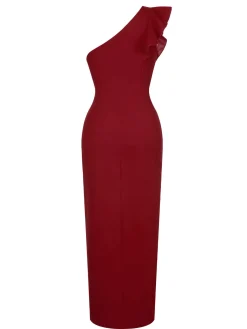 Sale Retro Stage 1930s Solid Ruffle One-Shoulder Slit Dress