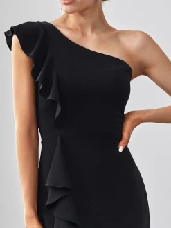 Sale Retro Stage 1930s Solid Ruffle One-Shoulder Slit Dress