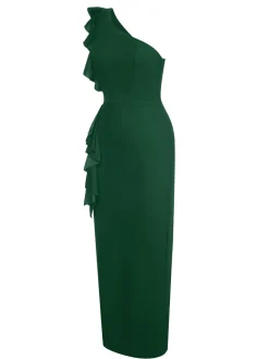 Sale Retro Stage 1930s Solid Ruffle One-Shoulder Slit Dress