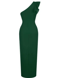 Sale Retro Stage 1930s Solid Ruffle One-Shoulder Slit Dress
