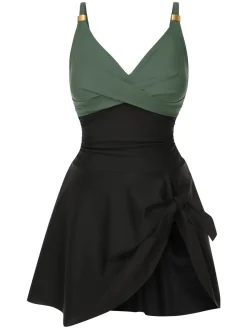 Clearance Retro Stage 1940s Solid Ruffle Patchwork Twist Swimdress