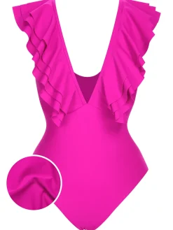 Discount Retro Stage 1950s Solid Ruffle V-Neck One-Piece Swimsuit