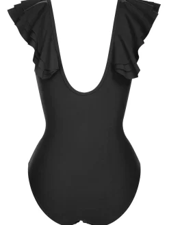 Discount Retro Stage 1950s Solid Ruffle V-Neck One-Piece Swimsuit