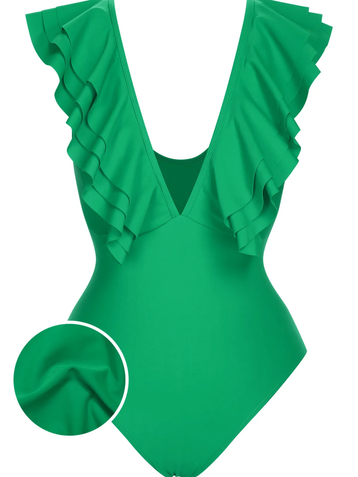 Discount Retro Stage 1950s Solid Ruffle V-Neck One-Piece Swimsuit