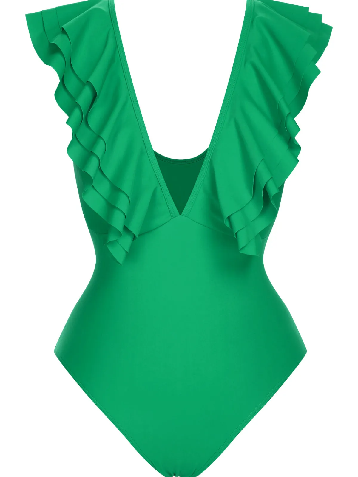 Discount Retro Stage 1950s Solid Ruffle V-Neck One-Piece Swimsuit